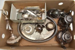 A BOX OF ASSORTED WHITE METAL WARE, to include a four piece EPNS tea set comprising of a teapot,