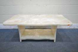 AN FAUX ALABASTER COFFEE TABLE, length 106cm x depth 61cm x height 43cm (condition report: top