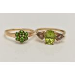 TWO 9CT GOLD GEM SET RINGS, the first a tsavorite garnet cluster ring, flower shape, to a polished