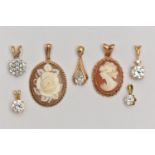 A SELECTION OF PENDANTS, to include a 9ct gold carved high relief shell cameo depicting a rose,