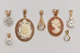 A SELECTION OF PENDANTS, to include a 9ct gold carved high relief shell cameo depicting a rose,
