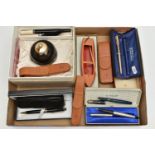 A BOX OF ASSORTED PENS, to include a cased 'Mont Blanc' ball point pen, four 'Parker' pen cases, a