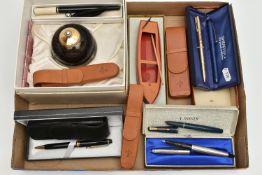 A BOX OF ASSORTED PENS, to include a cased 'Mont Blanc' ball point pen, four 'Parker' pen cases, a