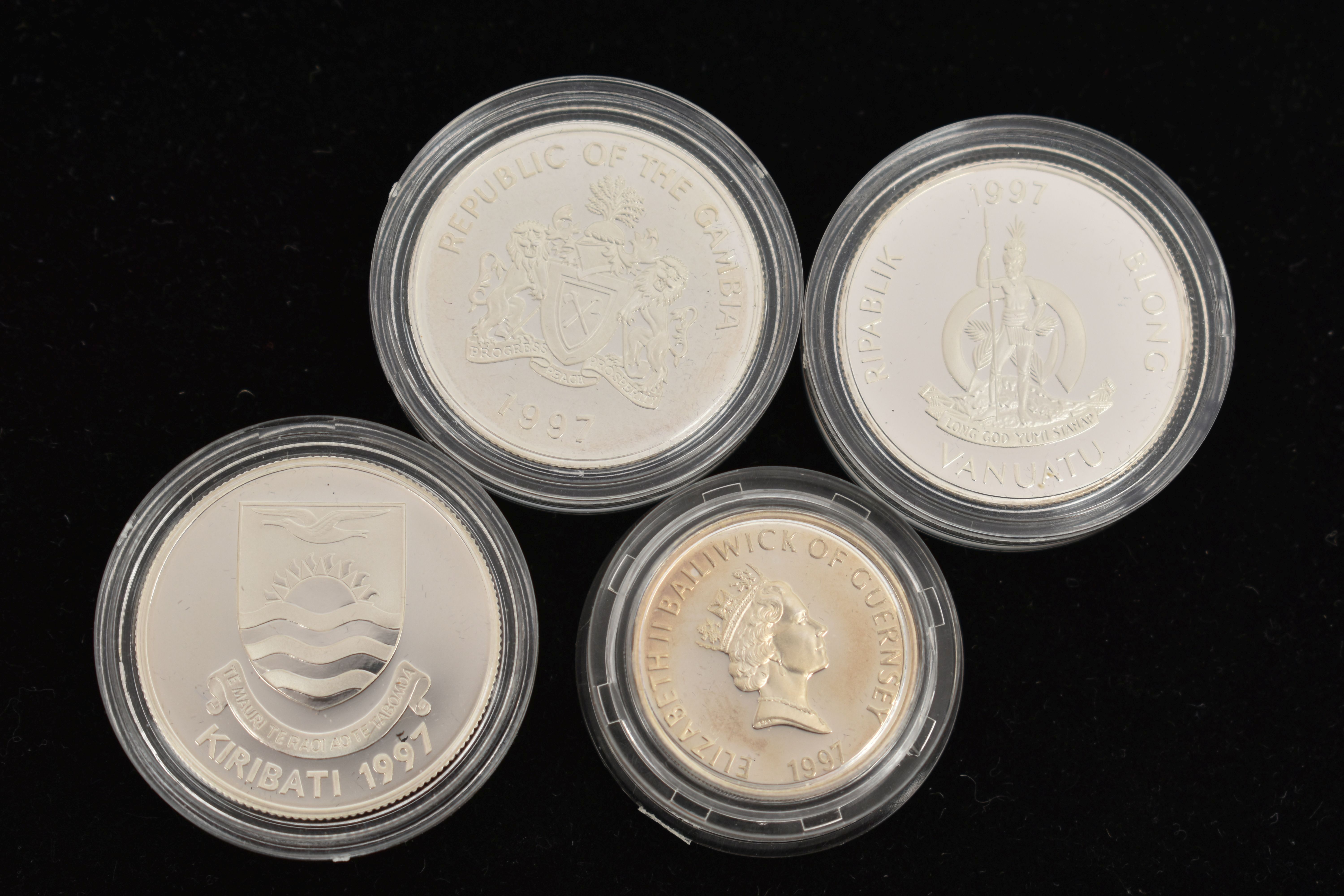 FOUR SILVER COINS, to include 1997 Republic of the Gambia, 1997 Ripablik Blong Vanuatu, 1997 - Image 2 of 2