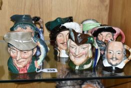 NINE CHARACTER JUGS, mainly Royal Doulton to include The Poacher D6464, The Fortune Teller D6503,