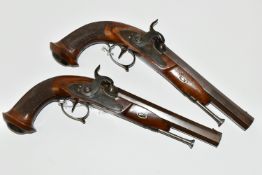 AN ANTIQUE PAIR OF 15 BORE SINGLE BARREL SMOOTH BORE PERCUSSION PISTOLS BEARING THE NAME LE PAGE