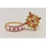 TWO 9CT GOLD GEM SET RINGS, the first a yellow topaz and orange sapphire cluster ring, hallmarked