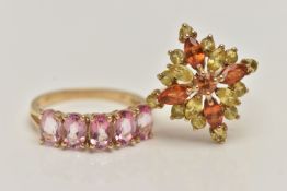 TWO 9CT GOLD GEM SET RINGS, the first a yellow topaz and orange sapphire cluster ring, hallmarked