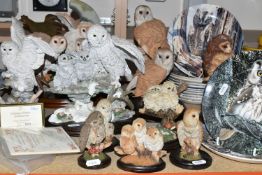 A COLLECTION OF OWL FIGURES AND OWL THEMED COLLECTORS PLATES, to include Country Artists