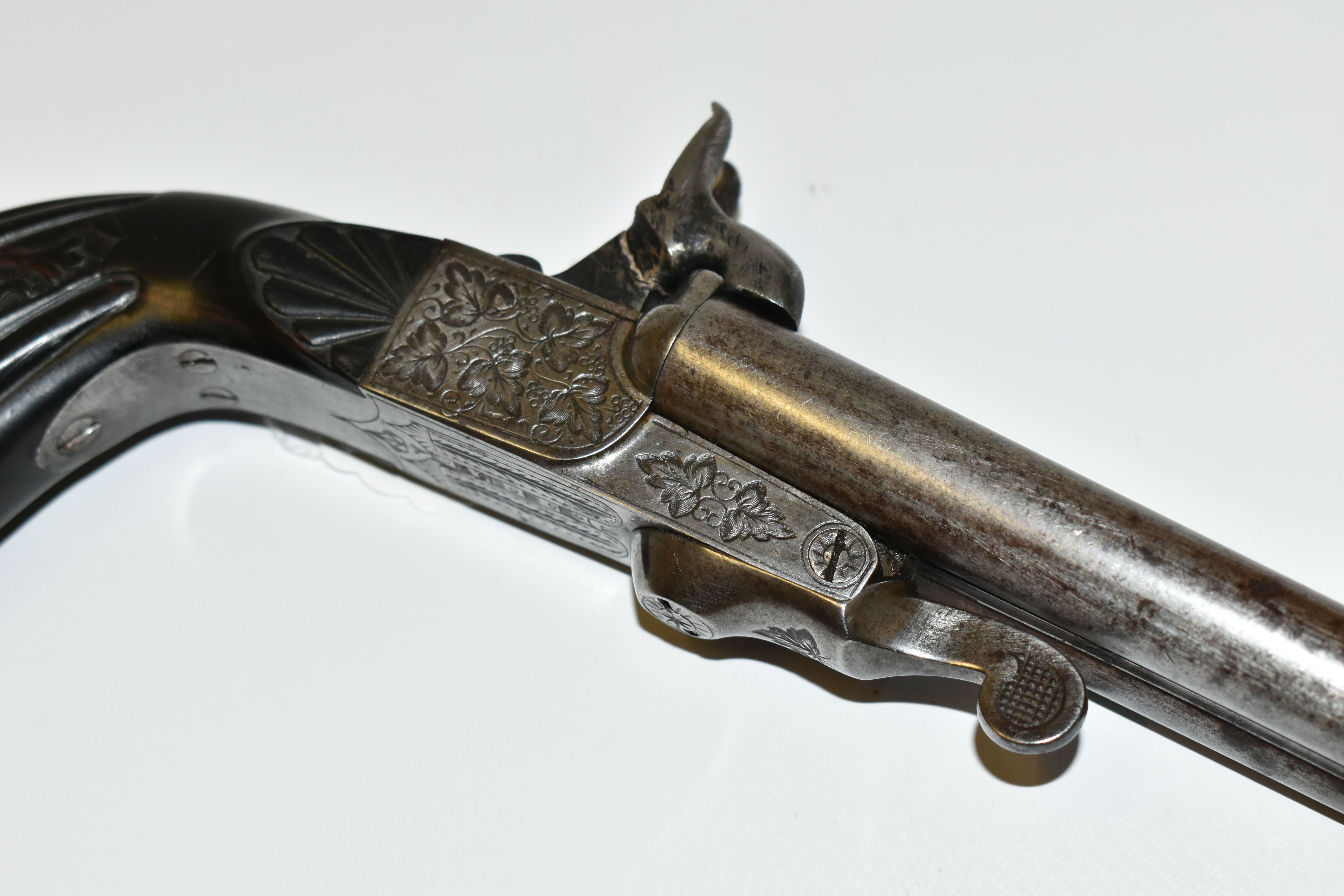 AN ANTIQUE 12MM DOUBLE BARREL SIDE BY SIDE PIN-FIRE PISTOL, fitted with fold up triggers, it bears - Image 2 of 8