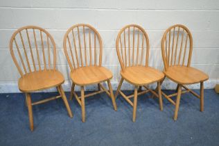 A SET OF FOUR MODERN BEECH SPINDLE BACK KITCHEN CHAIRS (condition report: rickety frames, other