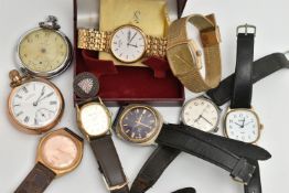 A BAG OF ASSORTED WATCHES AND ITEMS, to include a gold plated, open face pocket watch, manual
