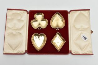 A CASED SET OF EDWARDIAN SILVER GILT DISHES IN THE FORM OF PLAYING CARD SUITS, maker's mark