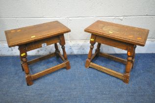 A NEAR PAIR OF 20TH CENTURY OAK JOINT STOOLS, with a plaque reading 'made from 150 yr. old oak