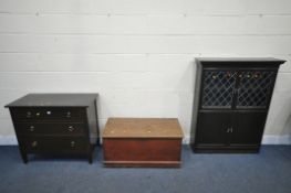 A 20TH CENTURY OAK CHEST OF THREE LONG DRAWERS, width 92cm x depth 47cm x height 79cm, along with an