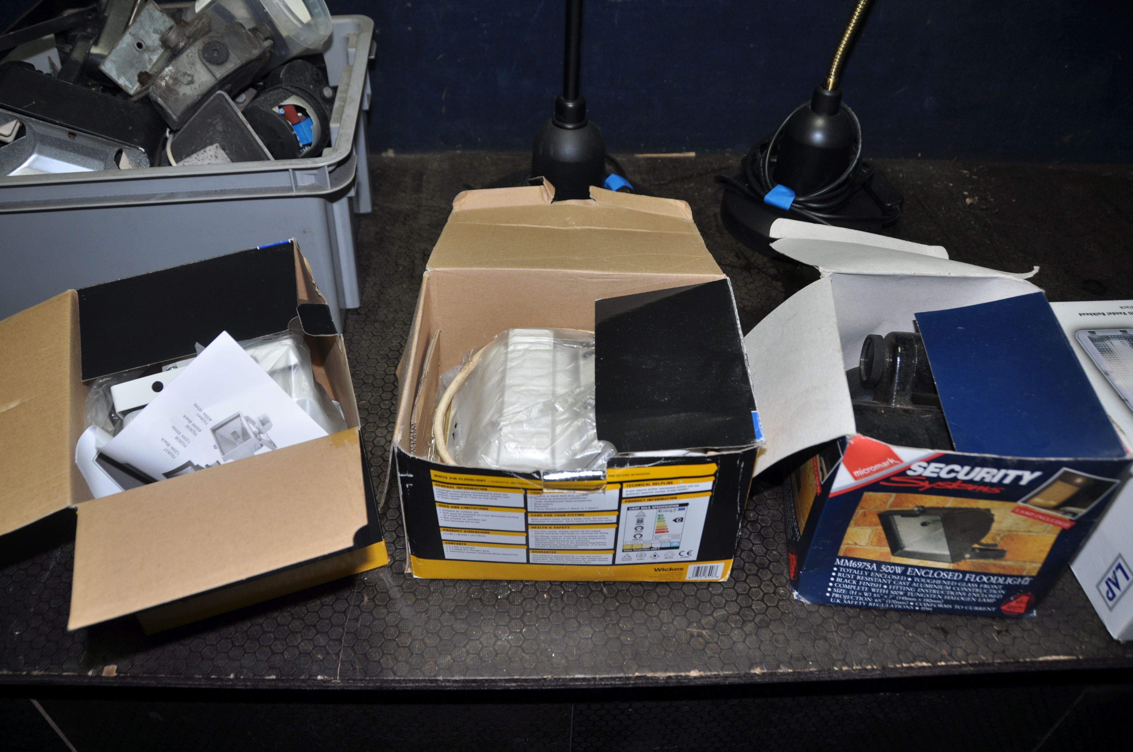 TWO MODERN WORK LAMPS with LED bulbs, three halogen lamps in boxes, two LAP outdoor lamps in boxes - Image 2 of 4