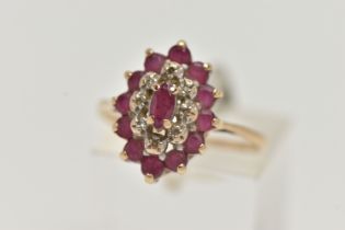 A 9CT GOLD RUBY AND DIAMOND CLUSTER RING, lozenge cluster set with a central marquise cut ruby,