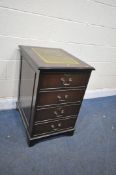 A REPRODUCTION MAHOGANY TWO DRAWER FILING CABINET, with green tooled leather writing surface,