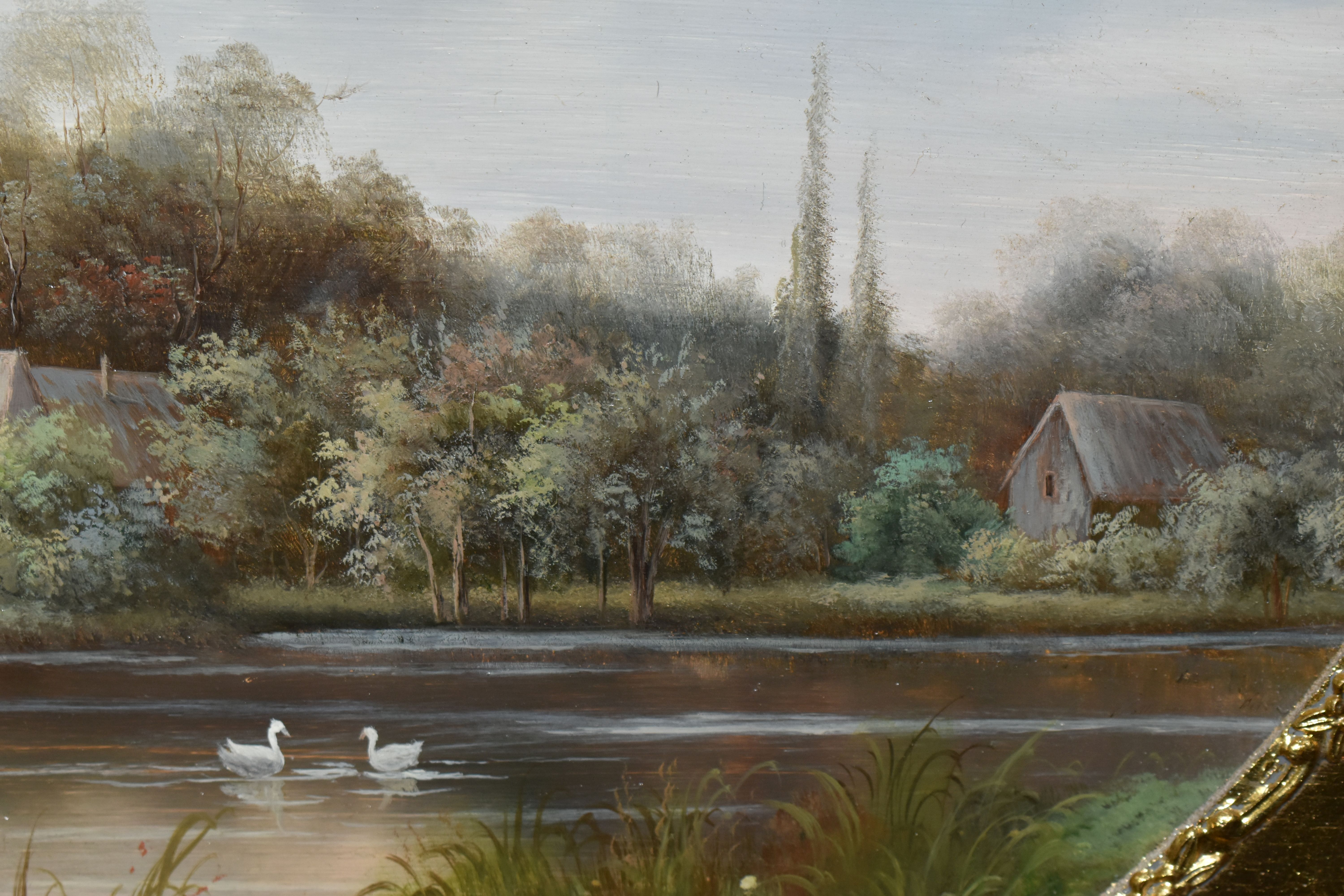 JOHNNY GASTON (BRITISH 1955) A MODERN 19TH CENTURY STYLE RIVER LANDSCAPE, depicting a village behind - Image 3 of 4