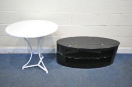 A WHITE PAINTED WROUGHT IRON CIRCULAR MARBLE TOP TABLE, diameter 71cm x height 73cm, and a modern