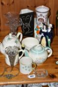 A GROUP OF CERAMICS AND GLASSWARE, comprising a Belleek cup with a woven relief design and