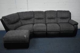 A BLACK LEATHER AND FABRIC CORNER SUITE, that splits into five sections, one section with a manual