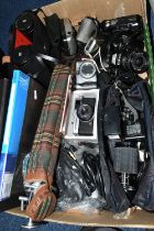 A BOX OF CAMERAS, to include a boxed Olympus Trip 35, a cased Nikon EM fitted with an f2.5 35mm