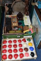A BOX AND LOOSE VINTAGE ADVERTISING, SNOOKER BALLS, MATCHBOX GARAGE AND OTHER ITEMS, to include a
