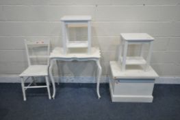 A SELECTION OF WHITE PAINTED FURNITURE, to include a small blanket box, two occasional table, a