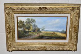 JOHNNY GASTON (BRITISH 1955) A MODERN 19TH CENTURY STYLE LANDSCAPE, depicting a harvesting scene