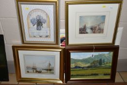 A SMALL QUANTITY OF PAINTINGS AND PRINTS, comprising a modern English school landscape depicting