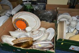 SIX BOXES OF CERAMICS AND GLASSWARE, to include mid-twentieth century dinnerware, oven dishes,