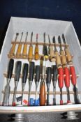 A DRAWER CONTAINING WOOD CHISELS AND GOUGES by Stanley, Marple's, Workzone, thirty one carving