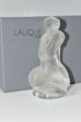 A BOXED LALIQUE FIGURE OF LEDA AND THE SWAN, the female nude figure kneeling beside the swan,
