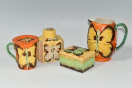 FOUR PIECES OF HANCOCK'S IVORY WARE, decorated in a vibrant butterfly design, comprising a covered