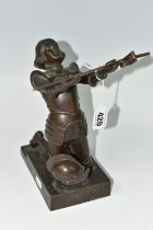 A BRONZE FIGURE OF A KNIGHT, titled Dedication, depicting a kneeling knight holding his sword