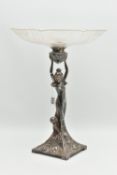 AN ART NOUVEAU WMF GLASS AND SILVER PLATED CENTREPIECE, the circular bowl with frilled rim and