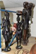 CARVED WOODEN DECORATIVE ITEMS ETC, comprising three African tribal carvings, tallest a family group