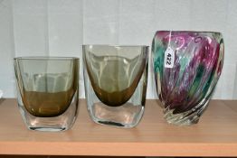THREE PIECES OF 20th CENTURY STUDIO GLASS, comprising a vase of wrythen form, green and pink over