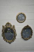 THREE VARIOUS WALL MIRRORS, to include an oval gilt wall mirror, with foliate detail, 57cm x 91cm,