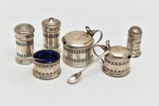 TWO 20TH CENTURY THREE PIECE SILVER CRUET SETS, comprising a George VI cylindrical set of salt and