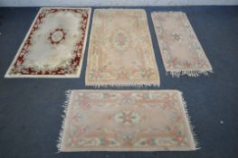 FOUR WOOLEN CHINESE RUGS, largest rug 156cm x 93cm (condition report: all in need of a clean)