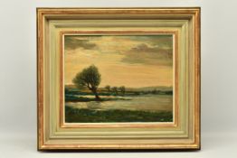 ARTHUR A. FRIEDENSON (BRITISH 1872-1955) WINDSWEPT TREES BESIDE A LAKE, a sunset landscape, signed