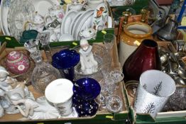 THREE BOXES OF METALWARE AND CERAMICS, to include two glass bowls to commemorate the Royal Wedding