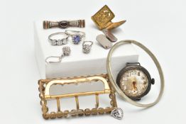 A BOX OF ASSORTED ITEMS, to include a silver nurses belt buckle, hallmarked 'Adie & Lovekin Ltd'