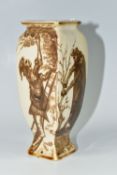 A MARTIN BROTHERS STONEWARE VASE OF INVERTED SQUARE BALUSTER FORM, the buff ground painted in