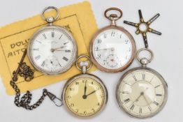 TWO SILVER POCKET WATCHES AND TWO OTHERS, to include a mid-20th century silver open face pocket