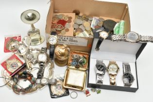 A BOX OF ASSORTED ITEMS, to include a boxed set of three gents 'TC' wristwatches, other loose