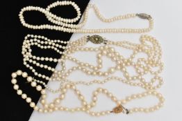 THREE CULTURED PEARL NECKLACES, to include a single row of graduated cultured pearls, measuring