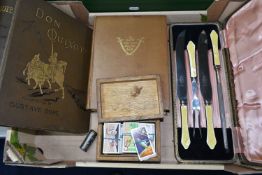A BOX OF BOOKS, CASED CUTLERY AND OTHER ITEMS, comprising two books: Don Quixote illustrated by